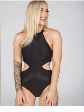 Tatiana Active Wear Black Halter Cutout Padded Polewear Bodysuit M NWT Alejandro